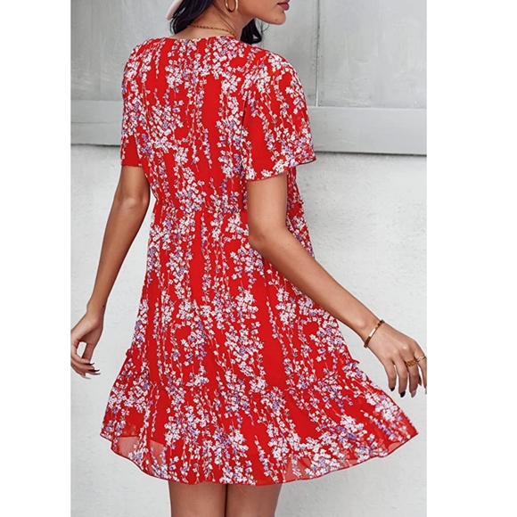Women’s Summer Dress Ruffle V Neck Tunic Dress Floral Casual Loose flowy dress - Picture 8 of 11